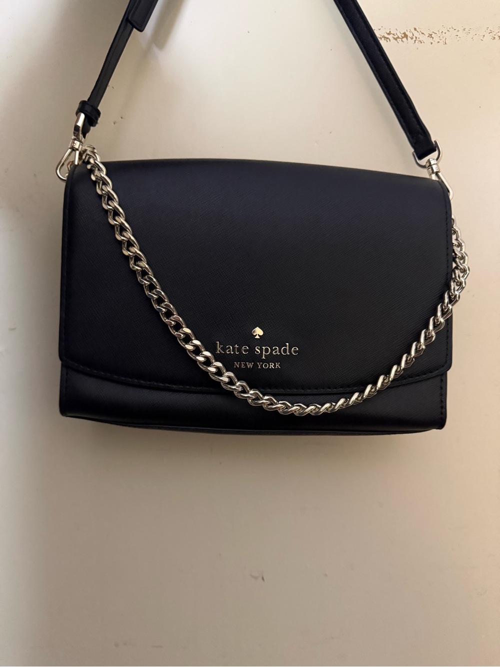 kate spade Carson convertible Black Leather Crossbody with Silver Chain